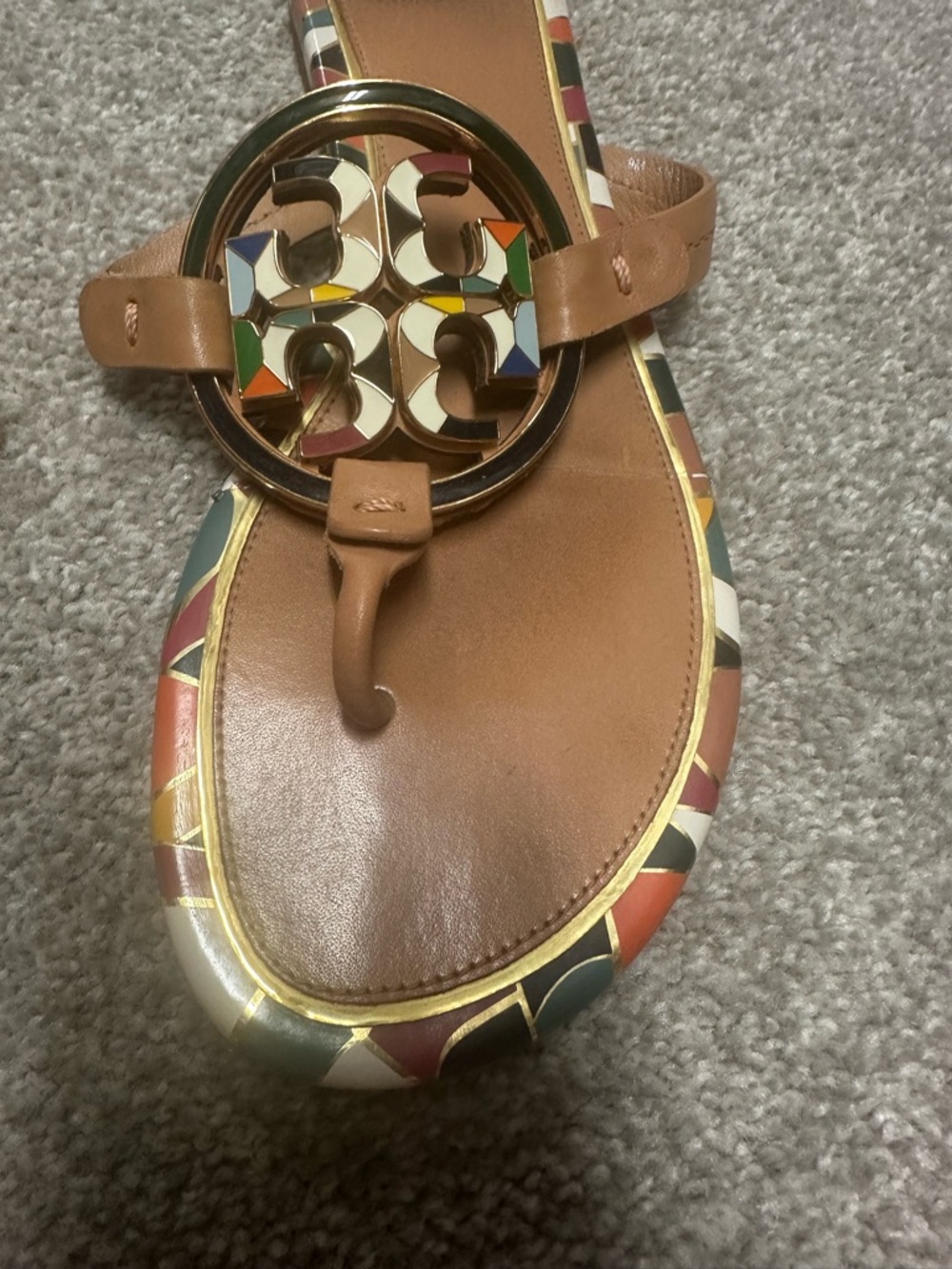 Tory Burch Miller tan Thong Sandals with Multicolor Trim and Logo Medallions - Picture 3 of 5